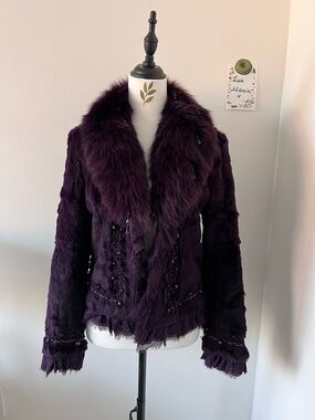 Vintage Purple Real Fox Fur Collar Rabbit Fur Jacket w Delicate Lace & Beads M